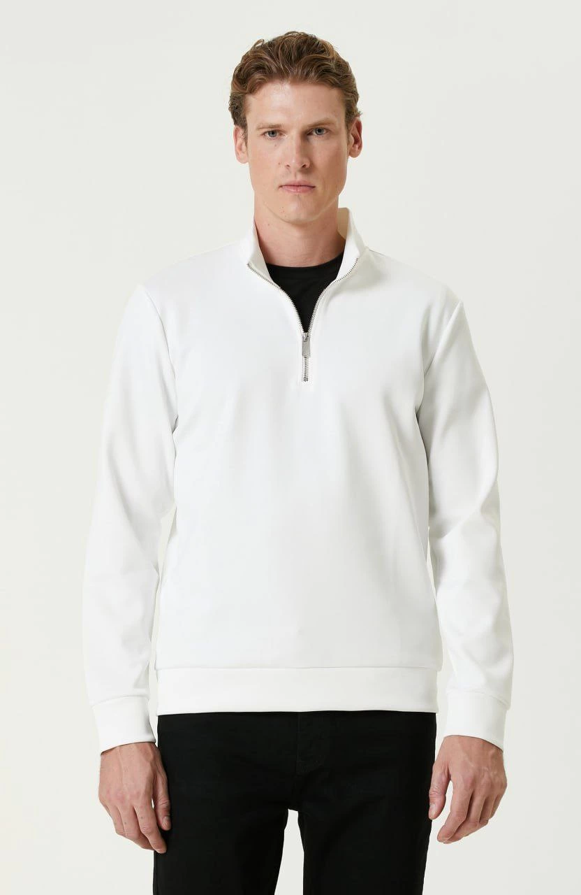 Uzun Kol Yarım Farmuarlı Yakalı Basic SweatShirt - Beyaz