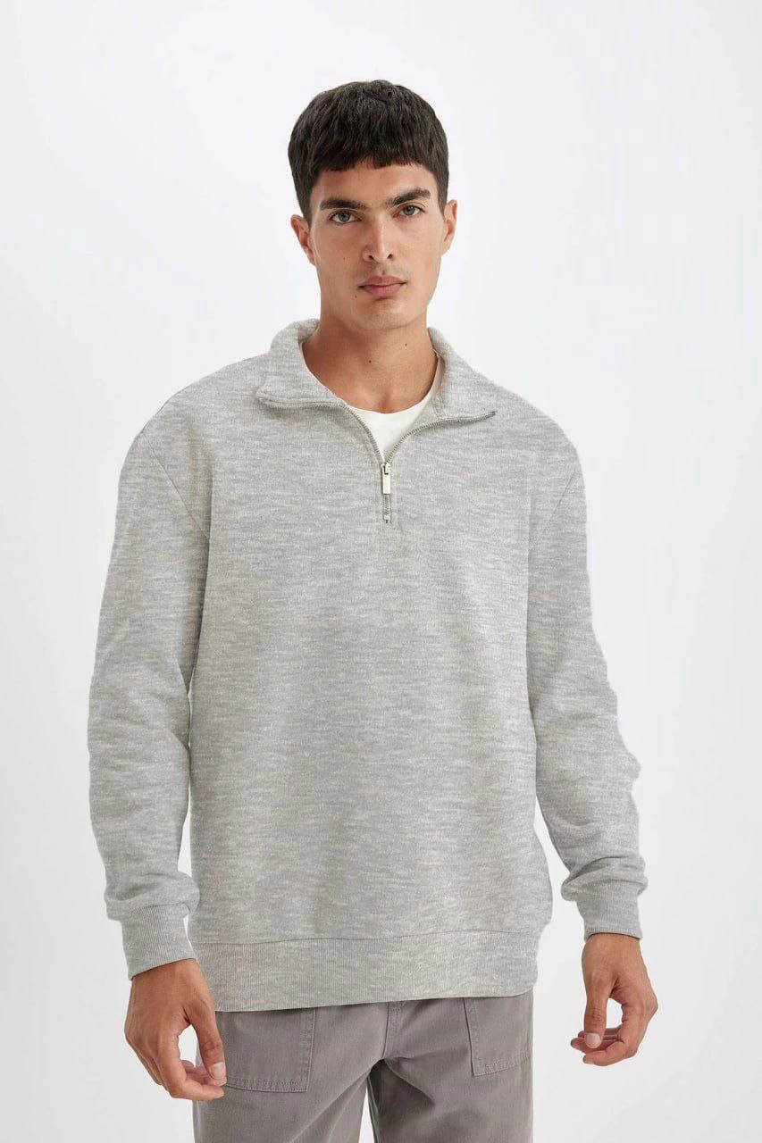 Uzun Kol Yarım Farmuarlı Yakalı Basic SweatShirt - Gri -