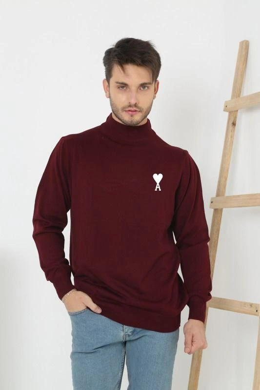 Yarım Boğazlı Baskılı Dokuma Triko - Bordo