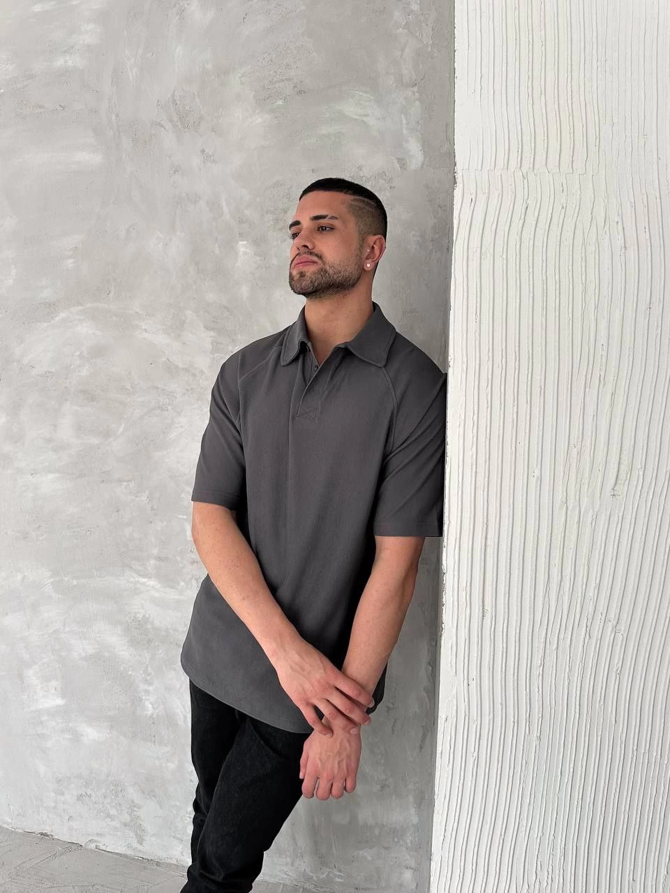 Yakalı Patlı Kısa Kol T-shirt - Antrasit -