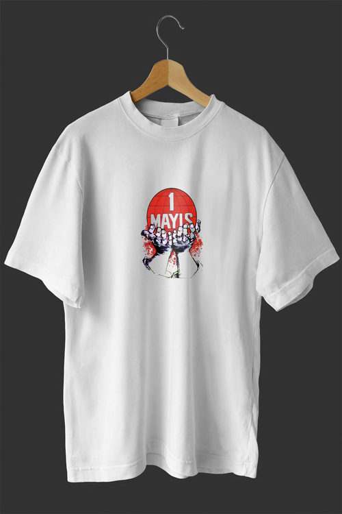 1 Mayıs Emek ve Dayanışma Günü Baskılı Oversize Bisiklet Yaka T-shirt - Beyaz