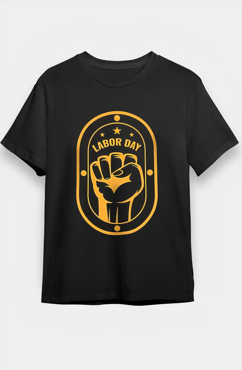 1 Mayıs Emekçilerimiz İçin Özel Tasarım LABOR DAY Baskılı T-shirt - Siyah -