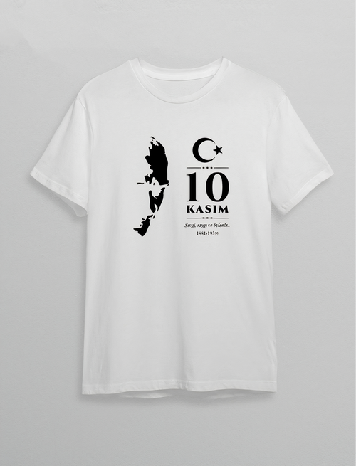 10 Kasım Atatürk Anma Günü Silüet Baskılı Oversize Bisiklet Yaka T-shirt - Beyaz