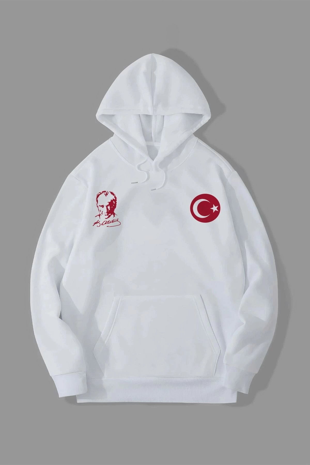 10 Kasıma Özel Üç İplik Kapüşonlu Baskılı SweatShirt - Beyaz -
