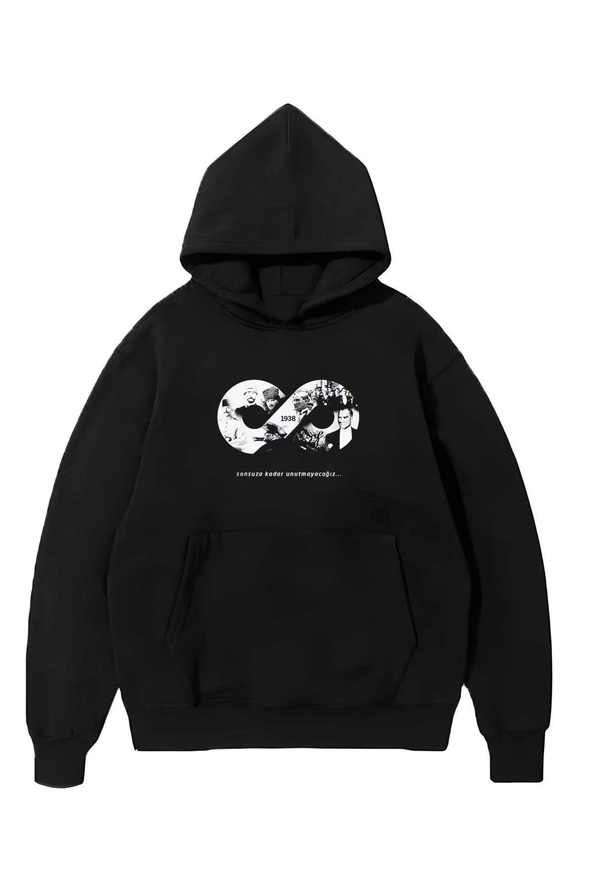 10 Kasıma Özel Üç İplik Kapüşonlu Baskılı SweatShirt - Siyah -