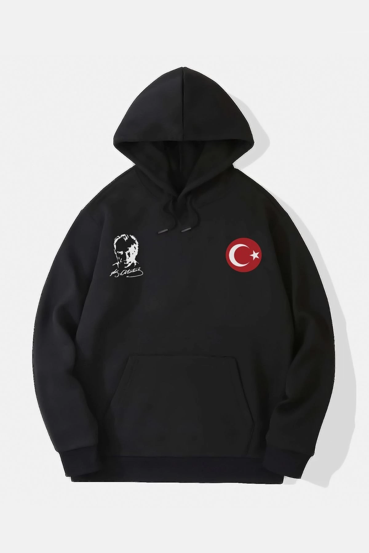 10 Kasıma Özel Üç İplik Kapüşonlu Baskılı SweatShirt - Siyah -