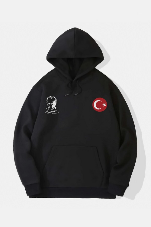 10 Kasıma Özel Üç İplik Kapüşonlu Baskılı SweatShirt - Siyah -