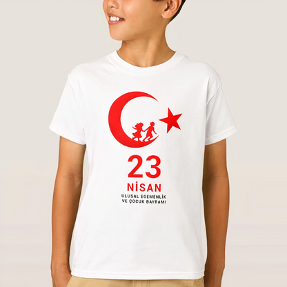 Çocuk 23 Nisan Ulusal Egemenlik ve Çocuk Bayramı Baskılı Bisiklet Yaka T-shirt - Beyaz