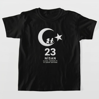Çocuk 23 Nisan Ulusal Egemenlik ve Çocuk Bayramı Baskılı Bisiklet Yaka T-shirt - Siyah