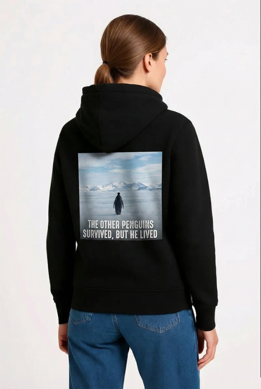 Kadın 3 İplik Pamuklu Kapüşonlu Hoodie Sweatshirt Survivor Penguen Baskılı - Siyah