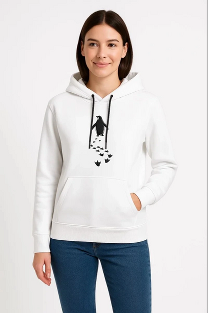 Kadın 3 İplik Pamuklu Kapüşonlu Hoodie Sweatshirt Nihilist Penguen Baskılı - Beyaz