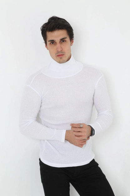 Erkek Fitilli Kaşkorse Kumaş Boğazlı Full Likralı Slimfit Body - Beyaz