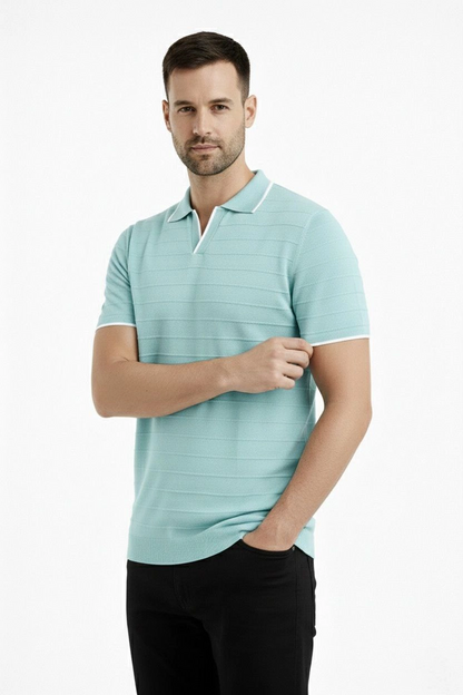 Erkek Kısa kol Fitilli Triko Polo Yaka Düğmesiz T-shirt 2'li Set Beyaz-Mint Yeşili