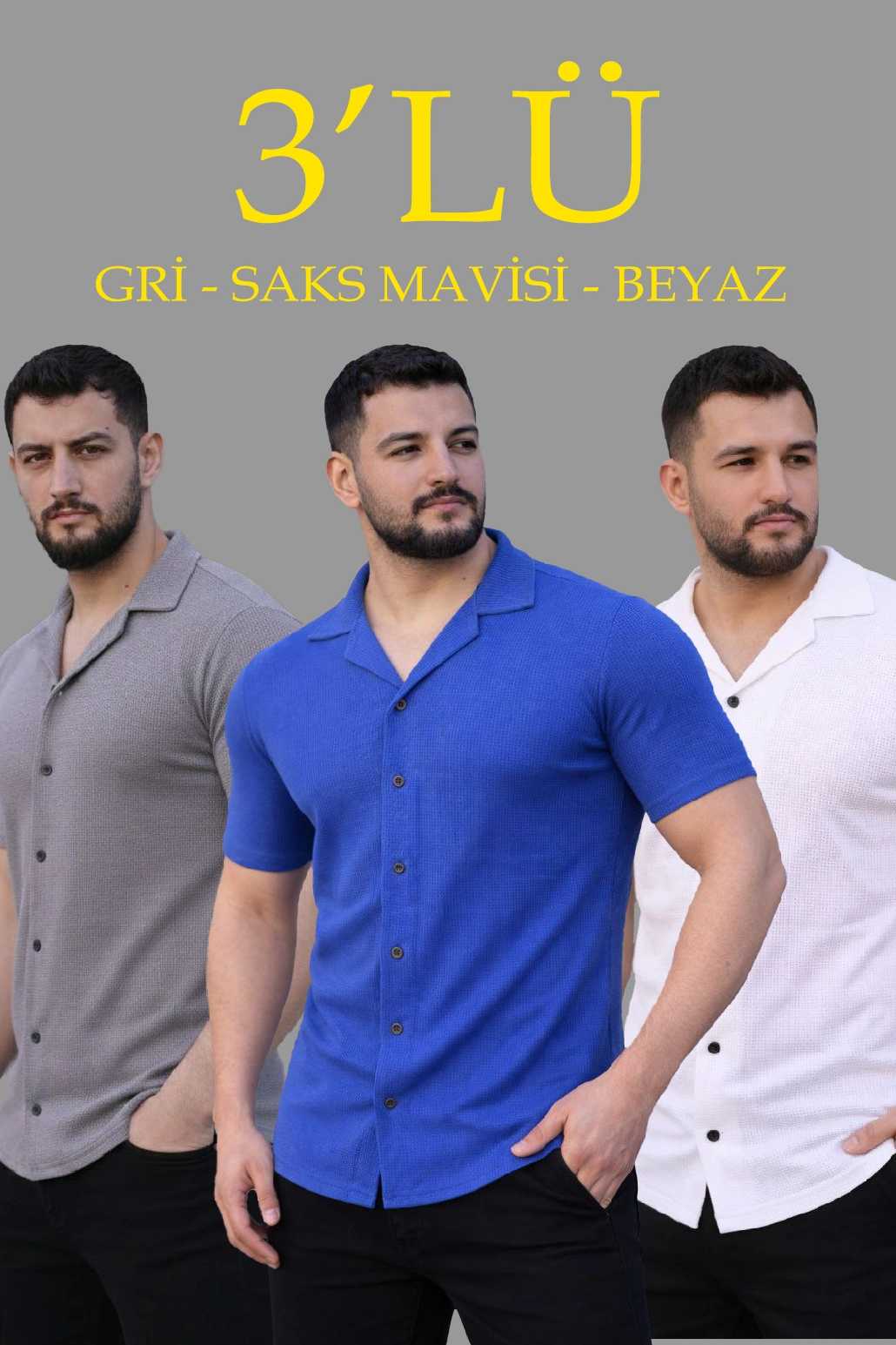 Erkek Waffle Kumaş Yakalı Kısa Kol Düğmeli Gömlek 3 lü Set Gri-Saks Mavisi-Beyaz