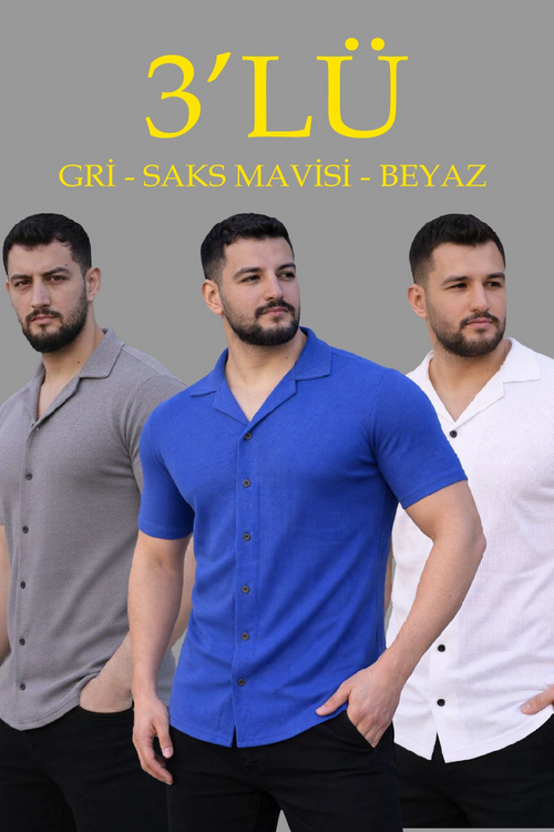 Erkek Waffle Kumaş Yakalı Kısa Kol Düğmeli Gömlek 3 lü Set Gri-Saks Mavisi-Beyaz