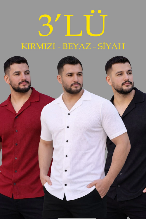 Erkek Waffle Kumaş Yakalı Kısa Kol Düğmeli Gömlek 3 lü Set Siyah-Kırmızı-Beyaz