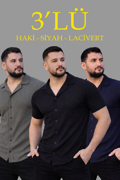 Erkek Waffle Kumaş Yakalı Kısa Kol Düğmeli Gömlek 3 lü Set Siyah-Haki-Lacivert