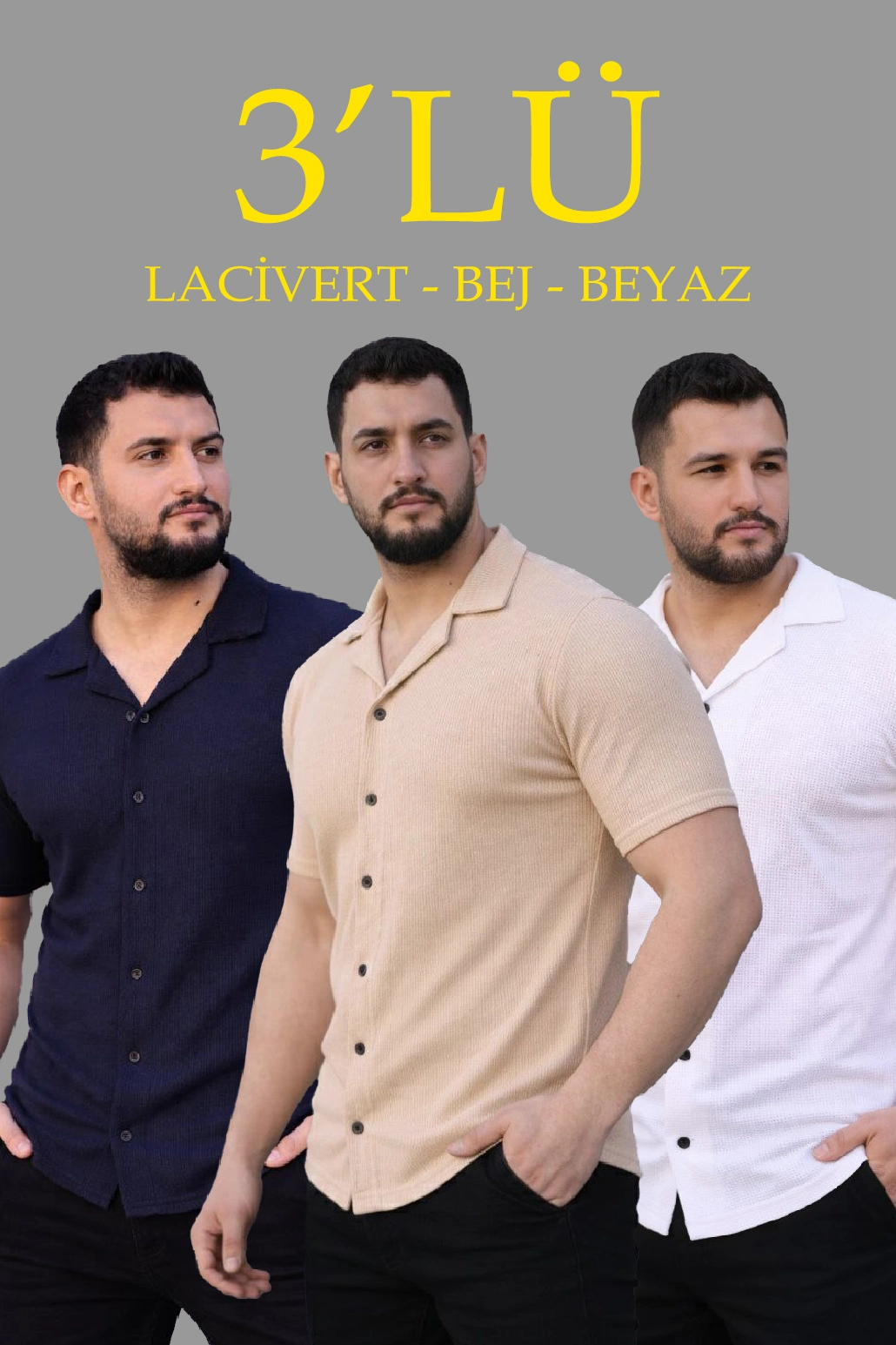 Erkek Waffle Kumaş Yakalı Kısa Kol Düğmeli Gömlek 3 lü Set Bej-Beyaz-Lacivert