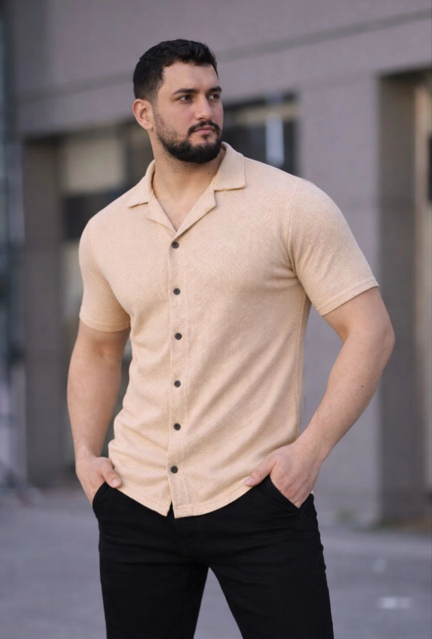 Erkek Waffle Kumaş Yakalı Kısa Kol Düğmeli Gömlek 3 lü Set Bej-Beyaz-Lacivert