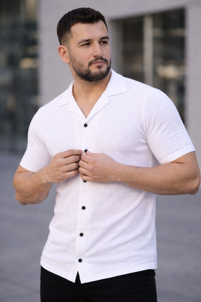 Erkek Waffle Kumaş Açık Yakalı Düğmeli Regular Fit Gömlek 2 li Set Siyah-Beyaz