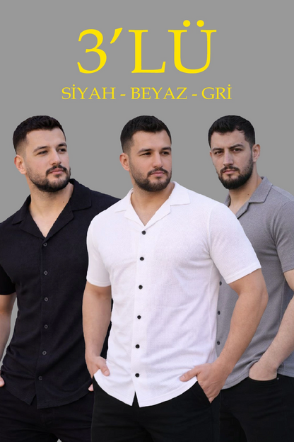 Erkek Waffle Kumaş Yazlık Yakalı Kısa Kol Düğmeli Gömlek 3 lü Set Siyah-Beyaz-Gri