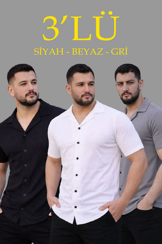 Erkek Waffle Kumaş Yazlık Yakalı Kısa Kol Düğmeli Gömlek 3 lü Set Siyah-Beyaz-Gri