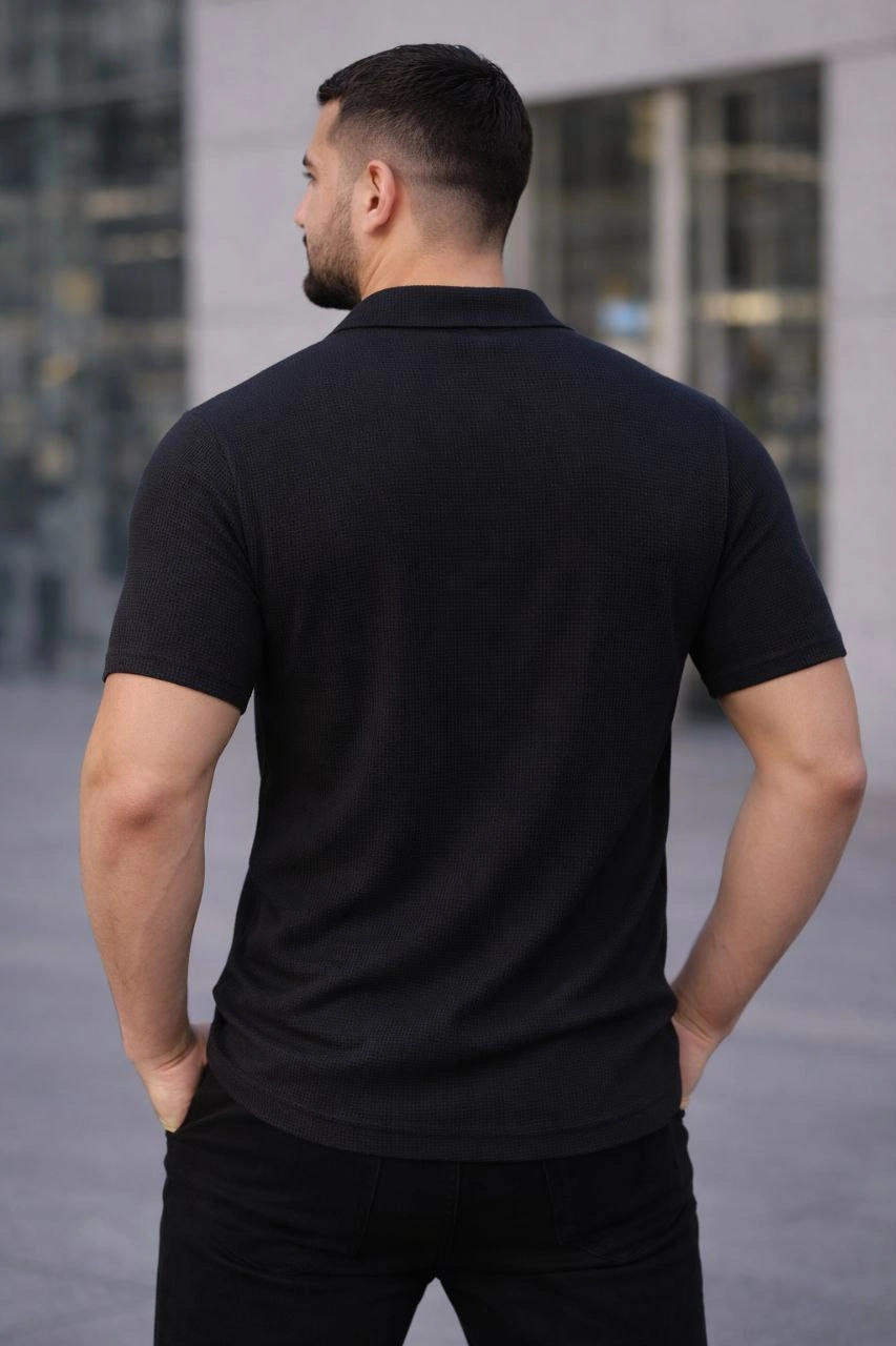 Erkek Waffle Kumaş Açık Yakalı Düğmeli Regular Fit Gömlek 2 li Set Siyah-Saks Mavisi