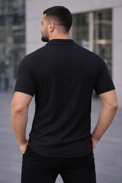 Erkek Waffle Kumaş Açık Yakalı Düğmeli Regular Fit Gömlek 2 li Set Siyah-Saks Mavisi
