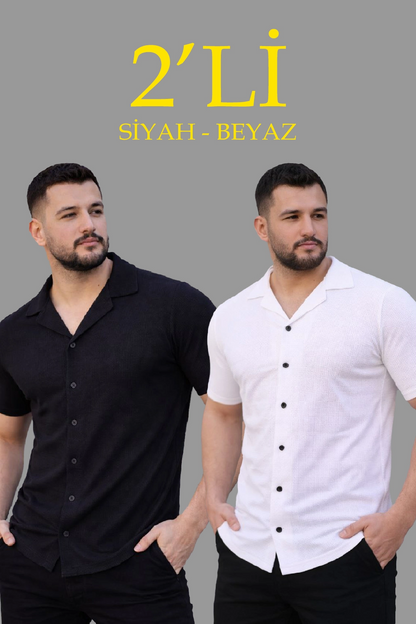 Erkek Waffle Kumaş Açık Yakalı Düğmeli Regular Fit Gömlek 2 li Set Siyah-Beyaz