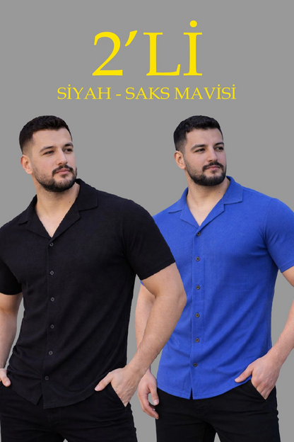 Erkek Waffle Kumaş Açık Yakalı Düğmeli Regular Fit Gömlek 2 li Set Siyah-Saks Mavisi