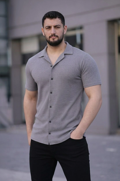 Erkek Waffle Kumaş Açık Yakalı Düğmeli Regular Fit Gömlek 2 li Set Lacivert-Gri