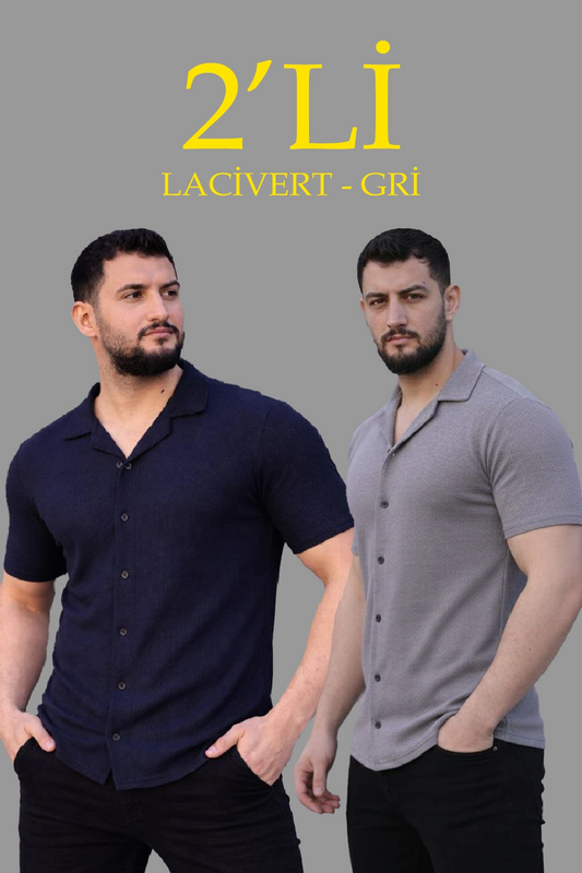 Erkek Waffle Kumaş Açık Yakalı Düğmeli Regular Fit Gömlek 2 li Set Lacivert-Gri