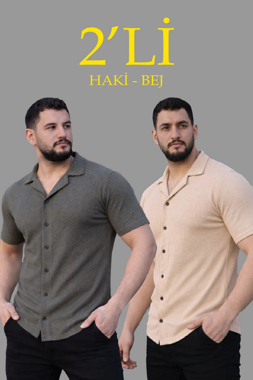 Erkek Waffle Dokuma Kumaş Açık Yakalı Düğmeli Gömlek 2 li Set Haki-Bej
