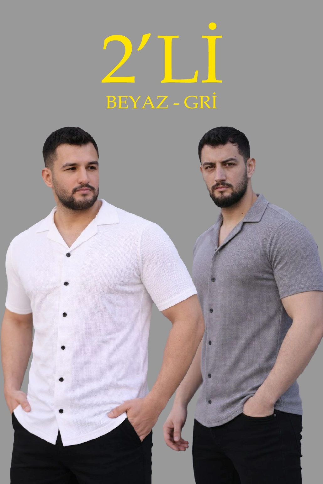 Erkek Waffle Dokuma Kumaş Açık Yakalı Düğmeli Gömlek 2 li Set Beyaz-Gri