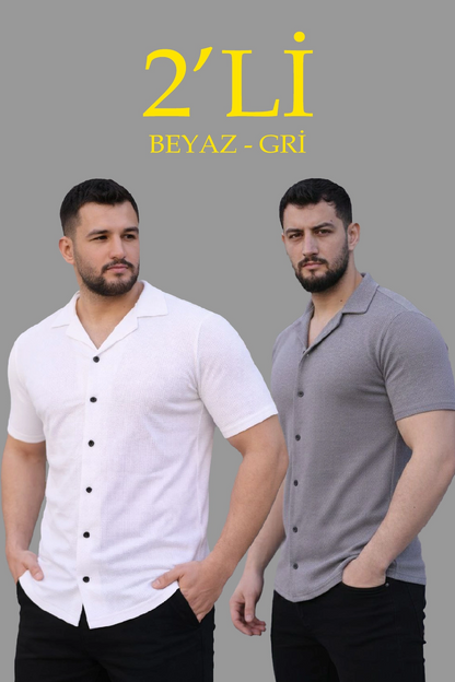 Erkek Waffle Dokuma Kumaş Açık Yakalı Düğmeli Gömlek 2 li Set Beyaz-Gri