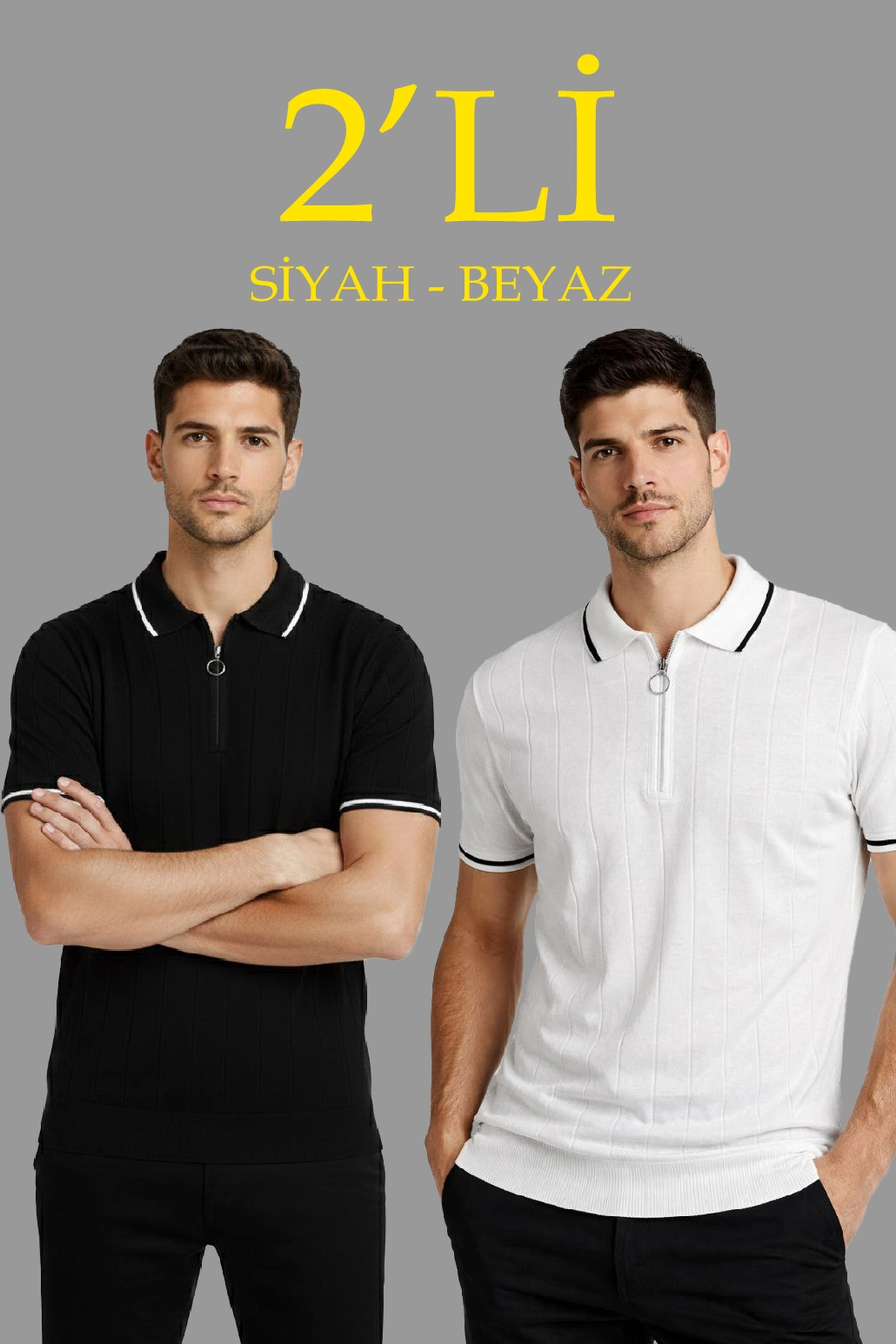 Erkek Triko Tişört Fermuarlı Polo Yaka Yazlık Kısa Kol T-Shirt 2 li Set Beyaz-Siyah
