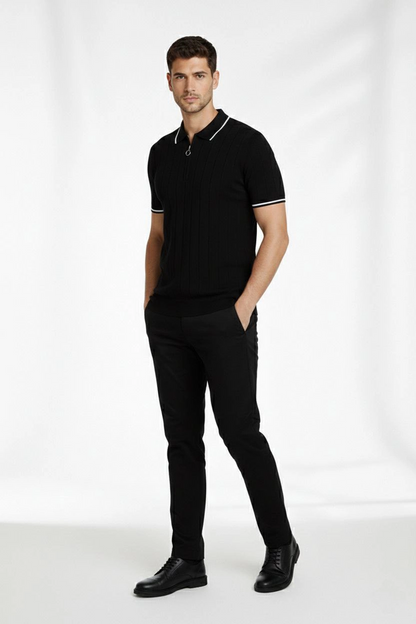 Erkek Triko Tişört Fermuarlı Polo Yaka Yazlık Kısa Kol T-Shirt 2 li Set Beyaz-Siyah