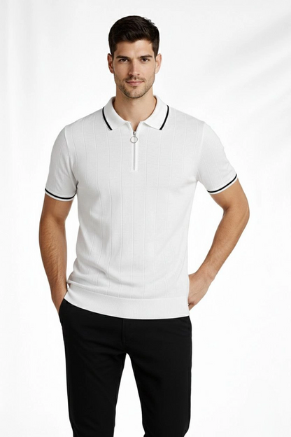 Erkek Triko Tişört Fermuarlı Polo Yaka Yazlık Kısa Kol T-Shirt 2 li Set Beyaz-Siyah