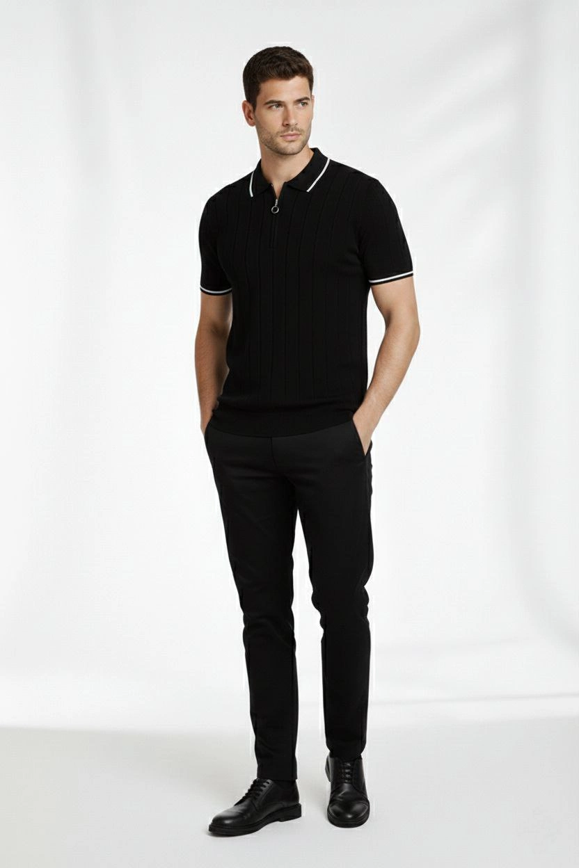 Erkek Triko Tişört Fermuarlı Polo Yaka Yazlık Kısa Kol T-Shirt 2 li Set Beyaz-Siyah