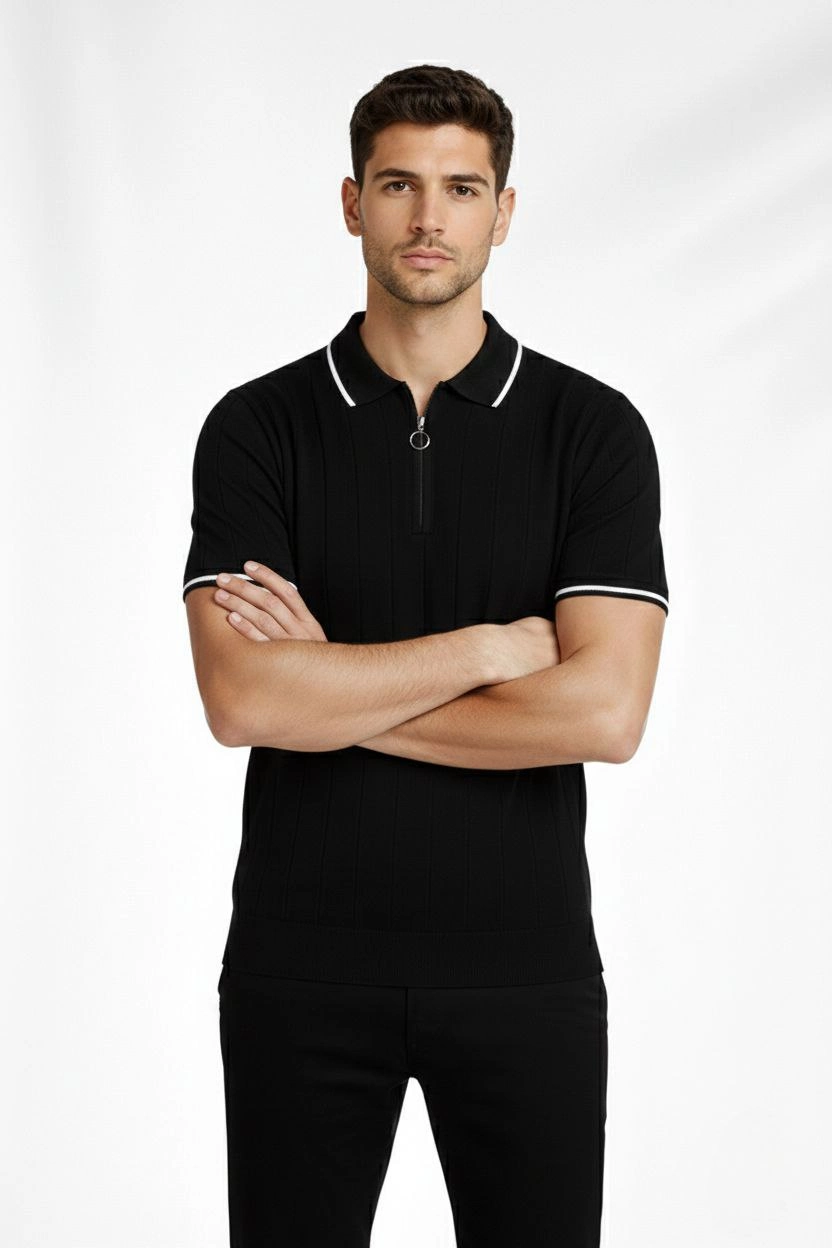 Erkek Triko Tişört Fermuarlı Polo Yakal Yazlık Kısa Kol T-Shirt 2 li Set Bej-Siyah