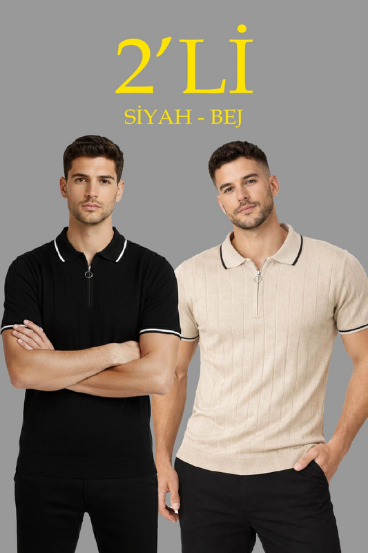 Erkek Triko Tişört Fermuarlı Polo Yakal Yazlık Kısa Kol T-Shirt 2 li Set Bej-Siyah