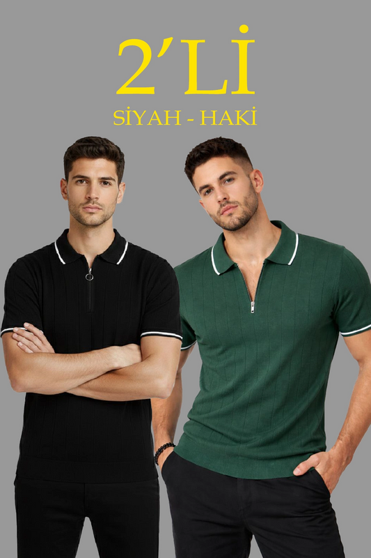 Erkek Triko Tişört Fermuarlı Polo Yaka Yazlık Kısa Kol T-Shirt 2 li Set Haki-Siyah