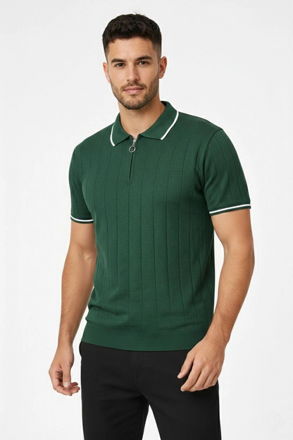 Erkek Triko Tişört Fermuarlı Polo Yaka Yazlık Kısa Kol T-Shirt 2 li Set Haki-Siyah
