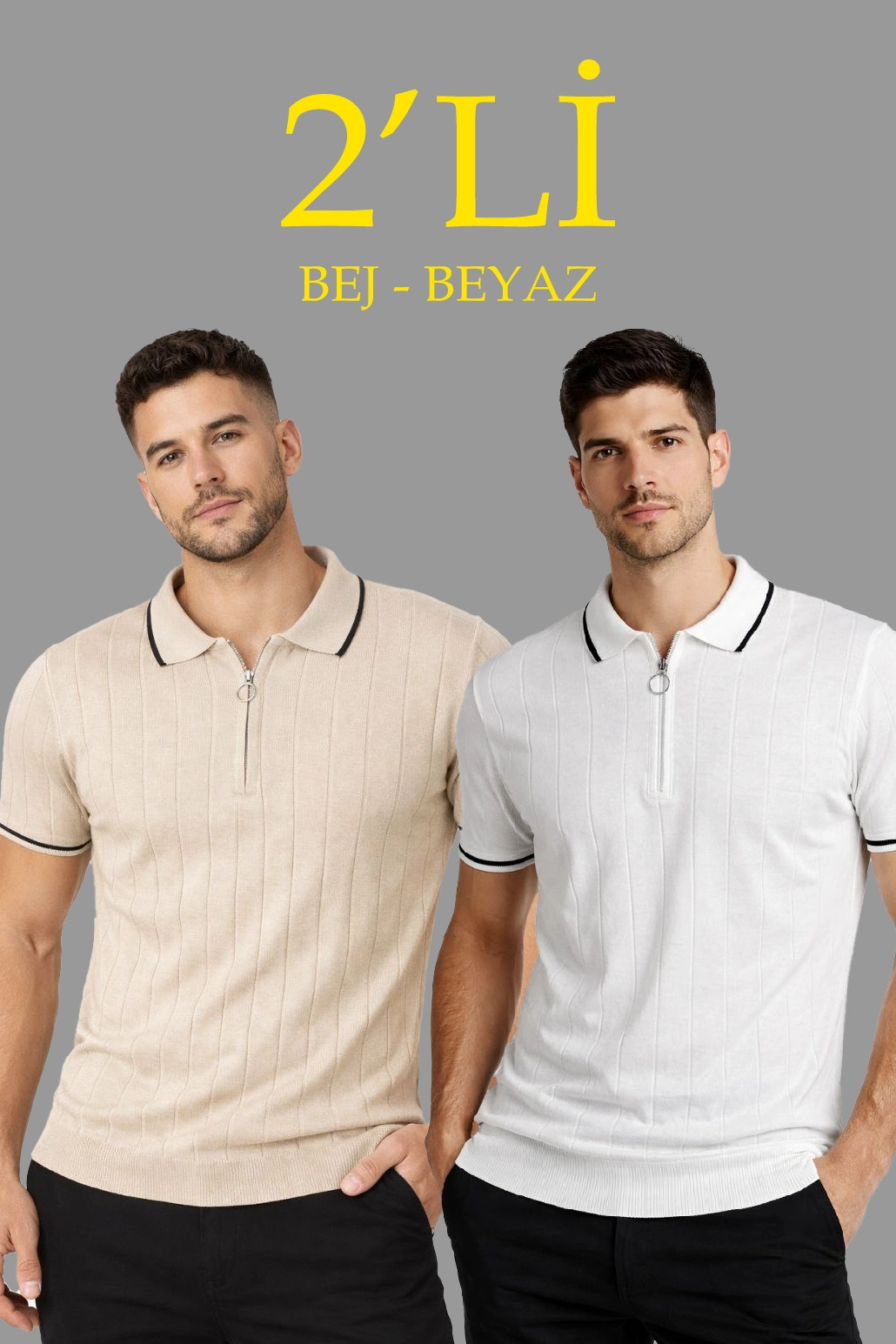 Erkek Dokuma Triko Tişört Fermuarlı Polo Yaka Yazlık Kısa Kol T-Shirt 2 li Set Bej-Beyaz