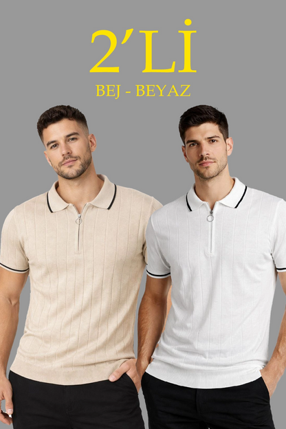 Erkek Dokuma Triko Tişört Fermuarlı Polo Yaka Yazlık Kısa Kol T-Shirt 2 li Set Bej-Beyaz