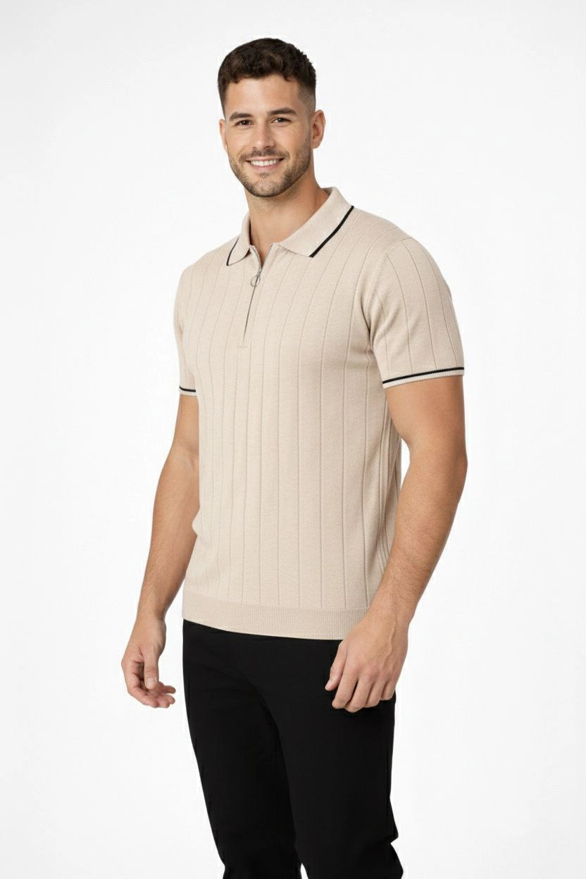Erkek Dokuma Triko Tişört Fermuarlı Polo Yaka Yazlık Kısa Kol T-Shirt 2 li Set Bej-Beyaz