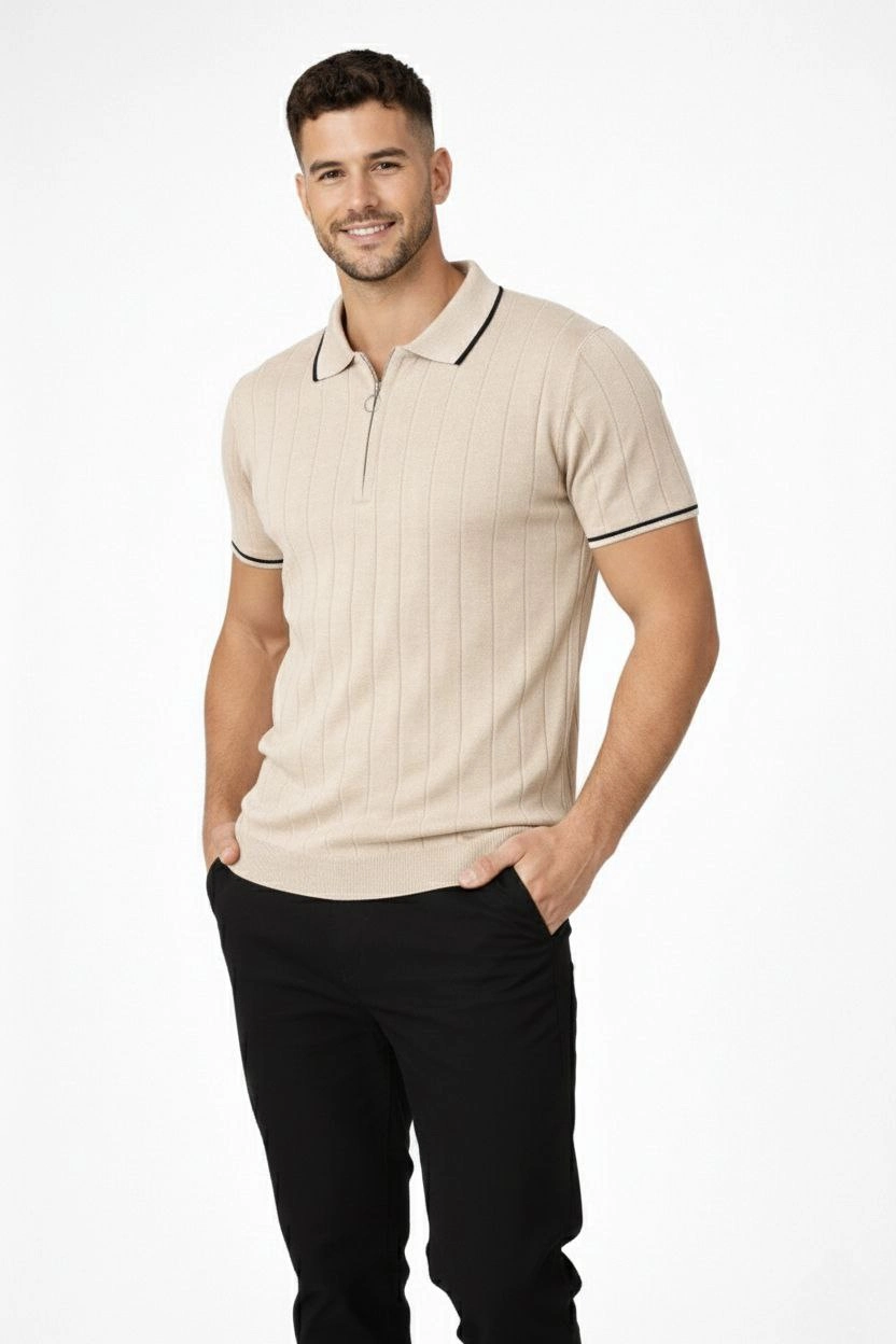 Erkek Triko Tişört Fermuarlı Polo Yaka Kısa Kol T-Shirt 3 lü Set Bej-Beyaz-Siyah