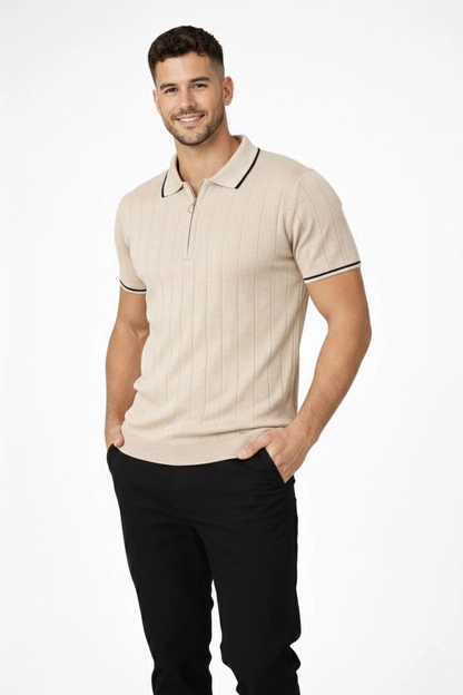 Erkek Triko Tişört Fermuarlı Polo Yaka Kısa Kol T-Shirt 3 lü Set Bej-Beyaz-Siyah