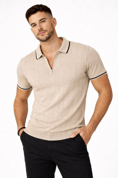 Erkek Triko Tişört Fermuarlı Polo Yaka Kısa Kol T-Shirt 3 lü Set Bej-Beyaz-Siyah