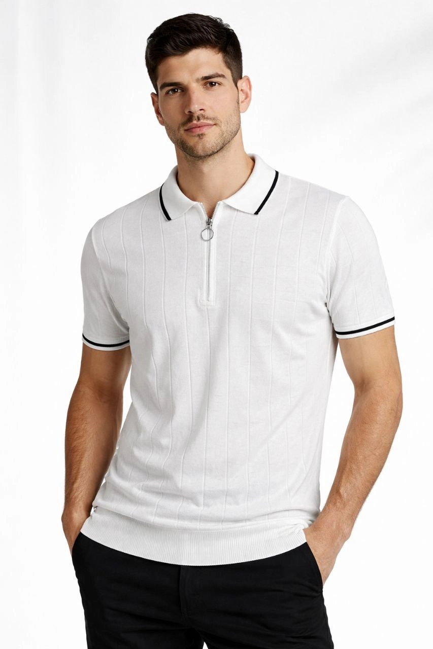 Erkek Triko Tişört Fermuarlı Polo Yaka Kısa Kol T-Shirt 3 lü Set Kahve-Siyah-Beyaz